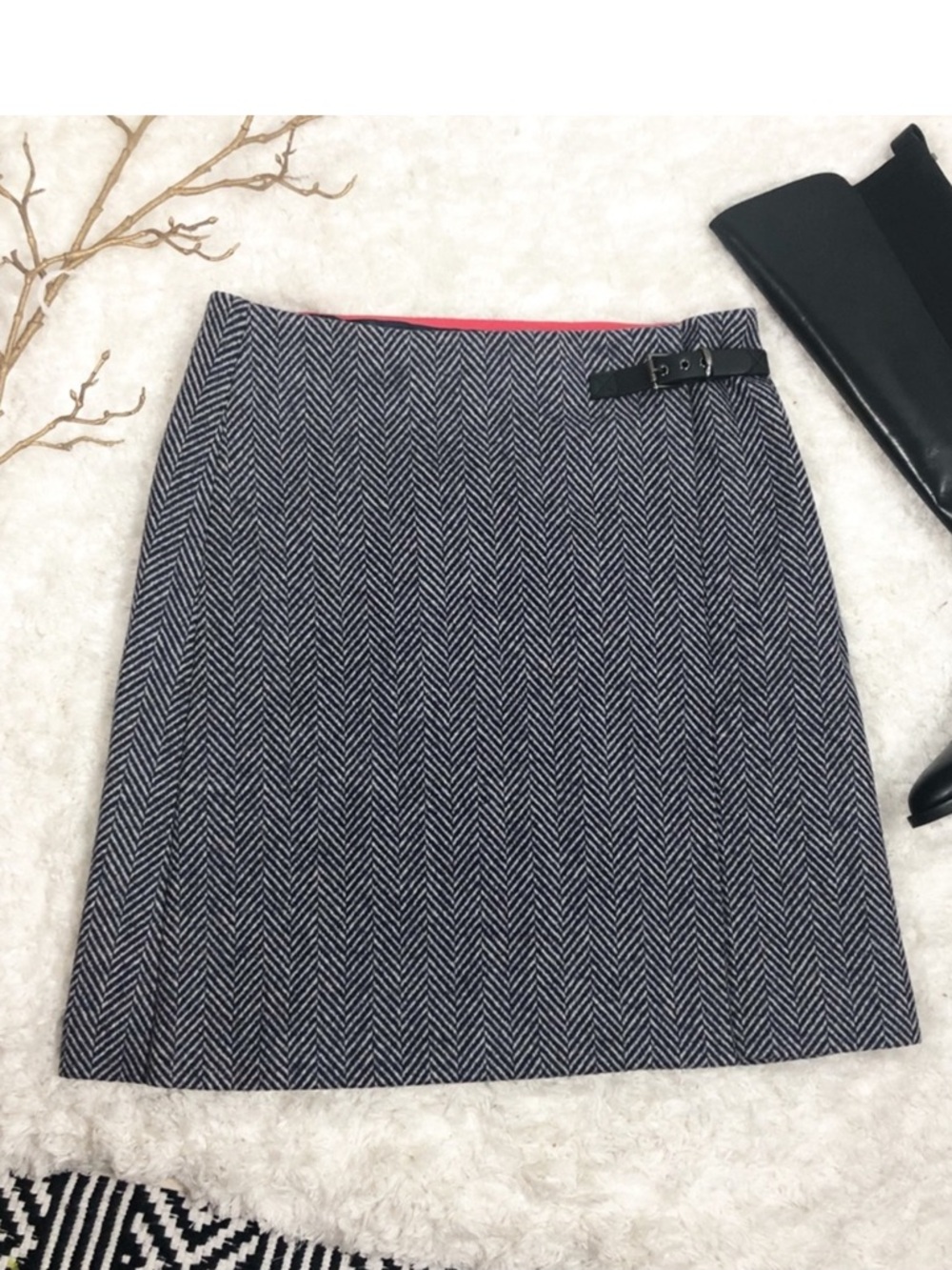 Boden British Tweed by Mallalieus herringbone skirt Size 10 Leather Buckle
